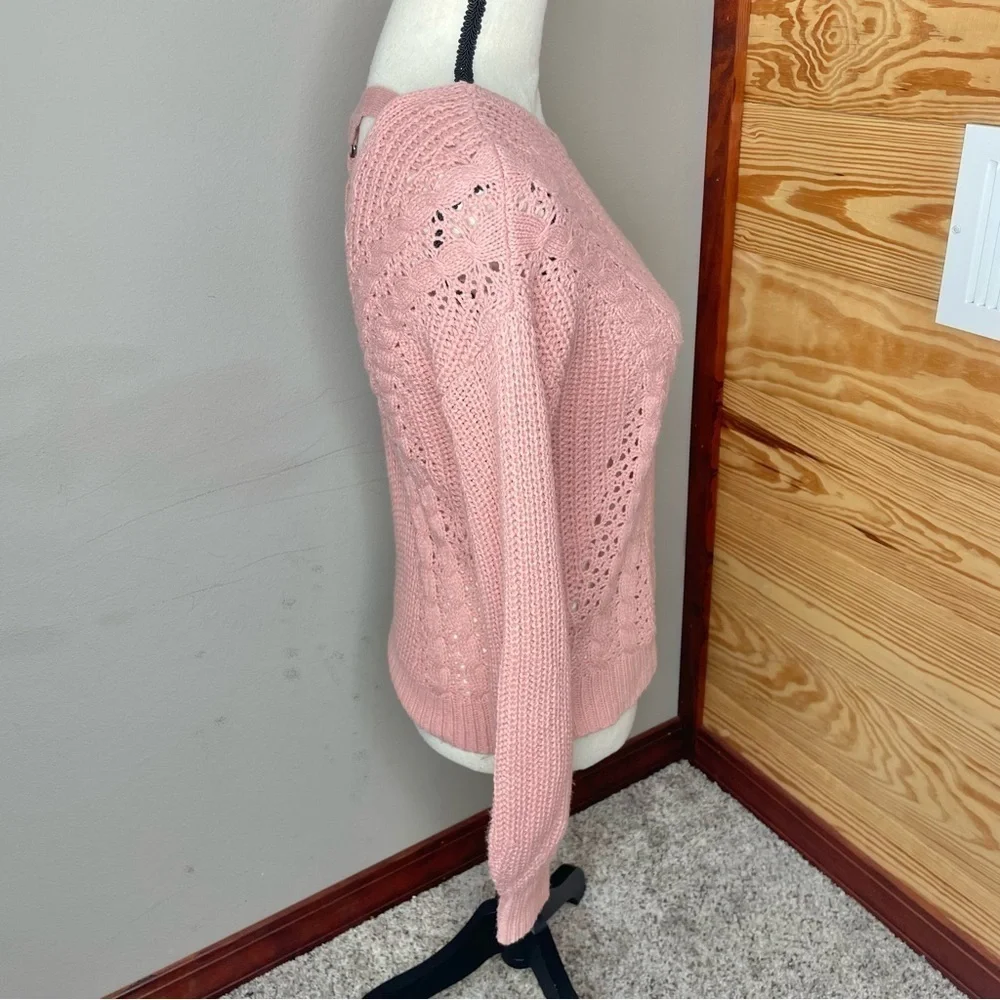 No Boundaries Juniors Caged Back Open Knit Sweater in Dusty Rose Pink Small